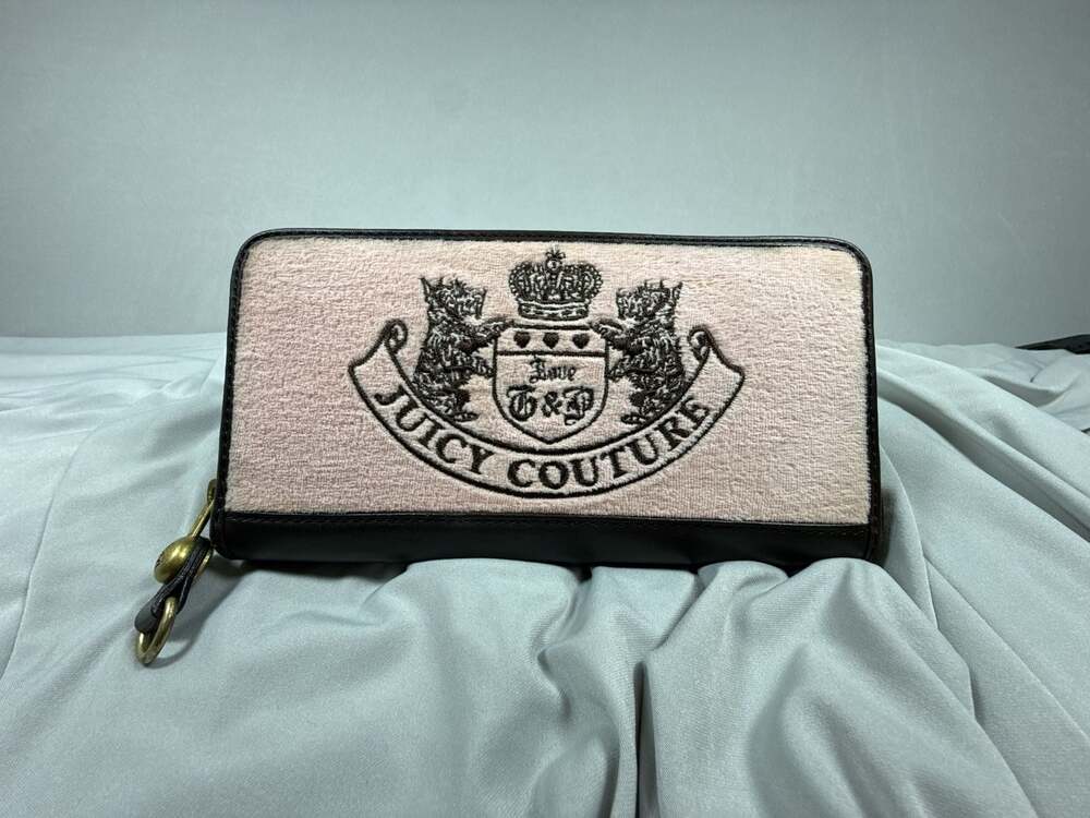 Juicy Couture Pink and Brown Velour Scottie Dog Crest Zip Around Wallet